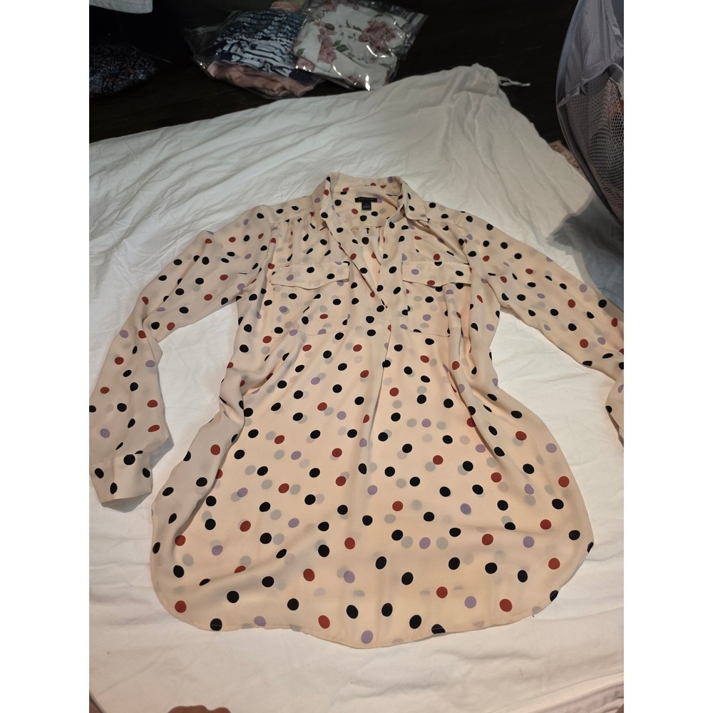 Ann Taylor Polka Dot Blouse Cream Multi Color Long Sleeve Button Down Small